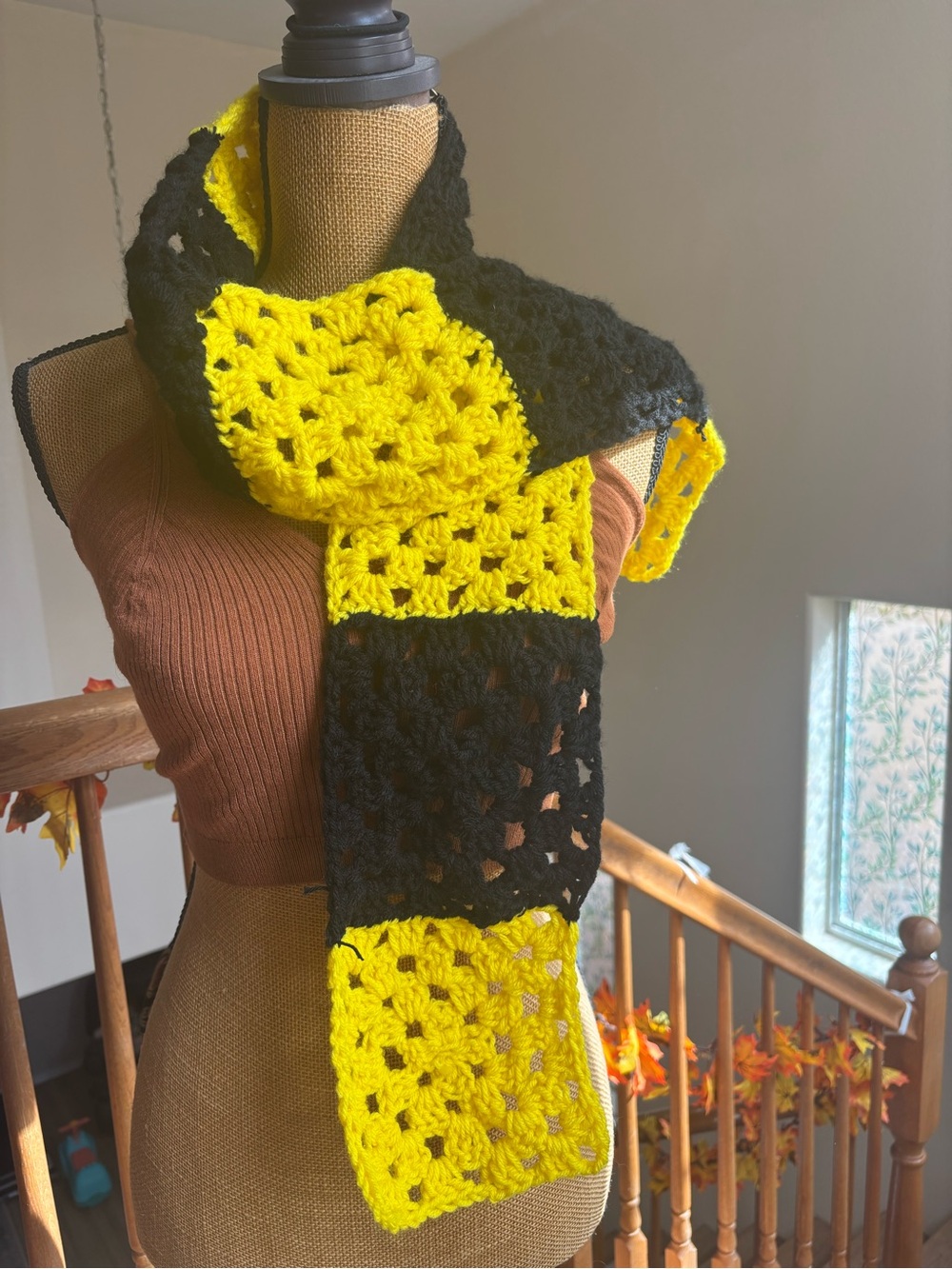 Black And Yellow Men and Women’s Granny Square Crochet Scarf